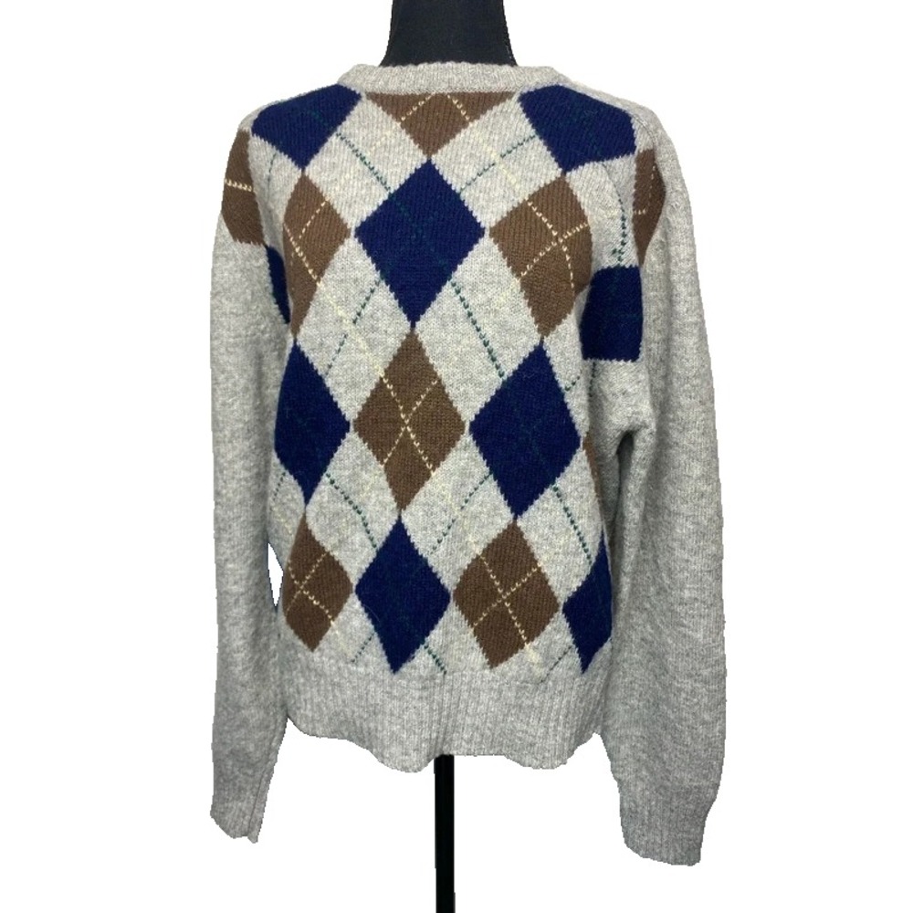 Vtg Lord Jeff Argyle Wool Sweater Mens Large Gray Blue Brown Grid Knit Crewneck